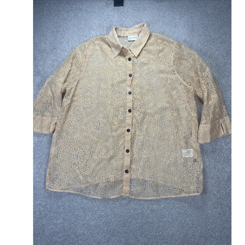 Alfred Dunner Women Sheer Medallion Floral 3/4 Sleeve Button-Up 18W‎ Burnout Top